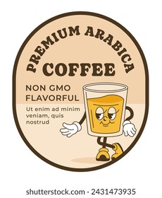 Non gmo flavorful premium arabica coffee. Isolated logo for caffeine beverage with glass character with facial expression, hands and legs. Hot robust drink label or sticker, vector in flat style