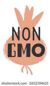 A rotulagem dos alimentos não geneticamente modificados que promovem hábitos alimentares saudáveis apresenta uma forma de cebola adornada com uma paleta de cores pastel e um acabamento texturizado e grunge, realçando a frescura e as escolhas orgânicas