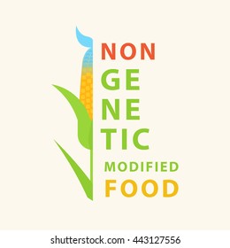 Non GMO food. Vector poster with hybrid of corn, fish and typography elements. Genetic engineering. Perfect for website banners and promotional materials.