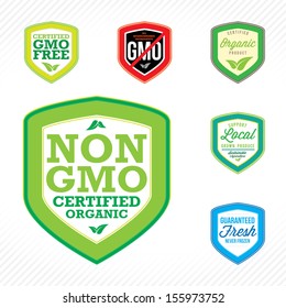 Non GMO or GMO free labels logos to indicate non genetically modified foods or on organic product packaging.