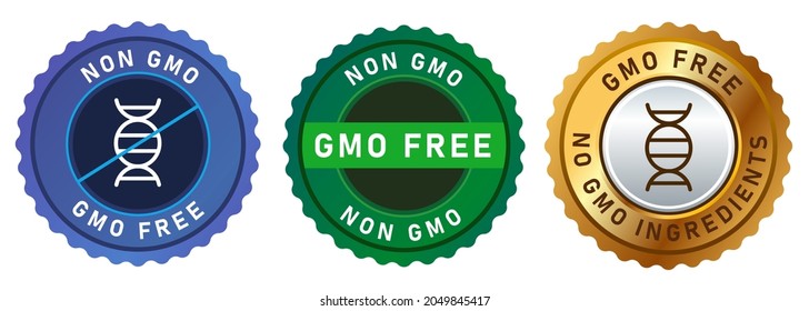 non GMO free no genetically modified organism set emblem sticker tag badge symbol in gold blue and green