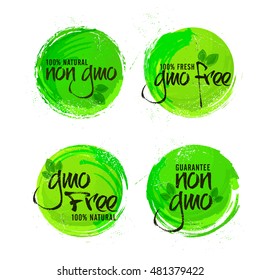 Non GMO or GMO Free Stickers set, Natural Organic Products Labels, Green Tags design, Hand drawn lettering collection, Creative vector illustration for Healthy Food concept.