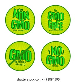 Conjunto de pegatinas libres de OMG o OMG, Etiquetas de productos orgánicos naturales, diseño de etiquetas verdes, colección de letras de estilo, ilustración vectorial creativa para el concepto de alimentos saludables.