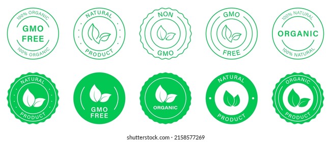 Non Gmo Green Badge. Organic Bio Product Label. Eco Stamp Logo. 100 Percent Ecology Vegan Food. Healthy Natural Product Silhouette Symbol Set. Gmo Free Glyph Pictogram. Isolated Vector Illustration.