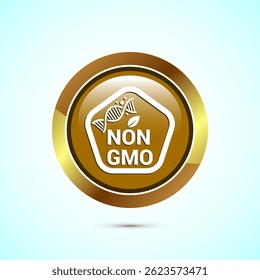 Non gmo icon design illustration, GMO free food label,  Organic healthy food sign, Gold color round button design