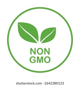 Non GMO label. GMO free icon. Healthy organic food concept. No GMO design element for tags, product packag, food symbol, emblems, stickers. Vegan, bio. Vector illustration. Organic, bio, eco symbol.