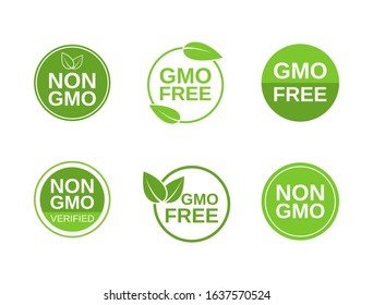 Non GMO label set. GMO free icons. No GMO design elements for tags, product packag, food symbol, emblems, stickers. Healthy food concept. Vector illustration