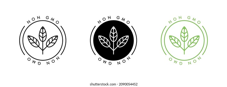 Non GMO label set. GMO free icons. Label for no gmo added product package icon design template. Healthy organic food concept. Vegan, bio. Vector illustration of different gmo free emblems.