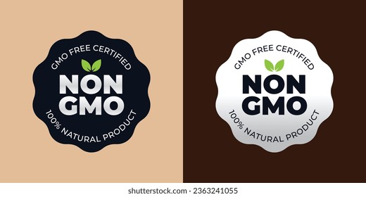 Non GMO labels. GMO free certified Healthy organic food concept. Icon, Logo, No GMO design elements for tags, Product package. Vegan, Eco, bio. Beauty product. Stamp, emblem, Vector illustration.