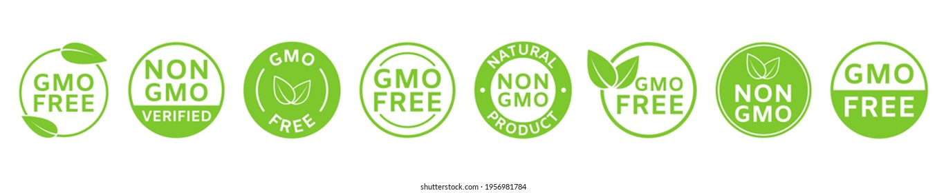 Non GMO labels. GMO free icons. Healthy organic food concept. No GMO design elements for tags, product packag, food symbol, emblems, stickers. Eco, vegan, bio. Vector illustration.