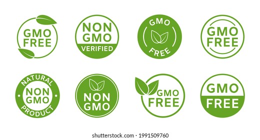Non GMO labels. GMO free icons. Healthy organic food concept. No GMO design elements for tags, product package, emblems, stickers. Agriculture food symbol. Eco, vegan, bio stamp. Vector illustration.