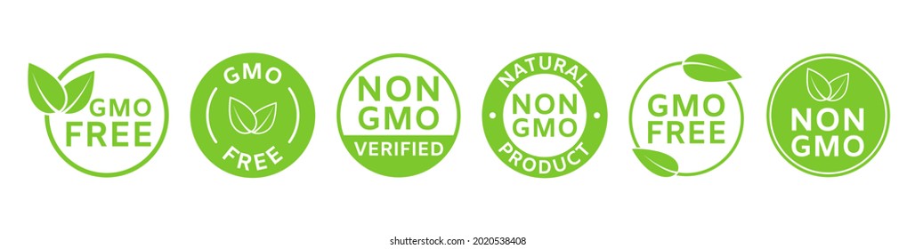 Non GMO labels. GMO free icons. Healthy food concept. Organic cosmetic. No GMO design elements for tags, product package. Eco, vegan, bio. Beauty product. Sustainable life. Vector illustration.