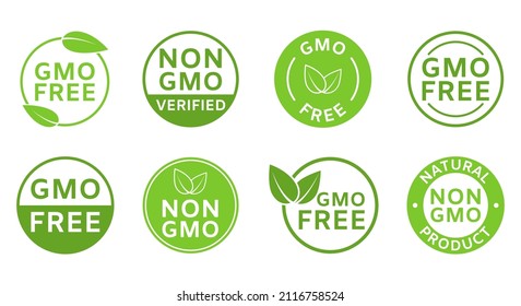 Non GMO labels. GMO free icons. Organic cosmetic. Healthy food concept. No GMO design element for tags, product packag, food symbol, emblem, sticker. Eco, vegan, bio. Green leaves.Vector illustration.