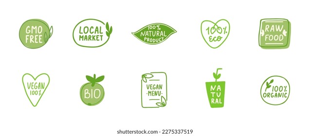 Non GMO labels. GMO free icons. Eco, vegan, bio hand drawn tag. Organic cosmetic. Healthy food concept. Beauty product package. Sustainable life. Vector illustration.