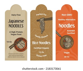 Non GMO, organic and natural meal, rice Japanese noodles, high protein vegan food. Labels or stickers for packages of products. Eating quality dishes and ingredients for cooking. Vector in flat style