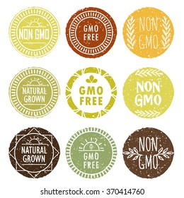 Non gmo and other healthy food press collection. Eco colored: brown, orange, green pastel elegant icon set.