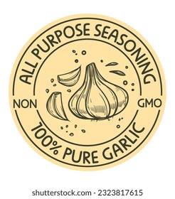 Non GMO pure garlic, isolated icon or label for the product. All purpose seasoning, natural ingredients only. Tasty food addition and condiment, emblem or package sticker.Vector in flat style