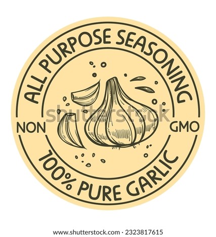 Non GMO pure garlic, isolated icon or label for the product. All purpose seasoning, natural ingredients only. Tasty food addition and condiment, emblem or package sticker.Vector in flat style