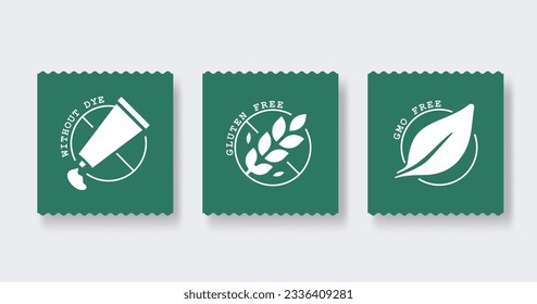 No se ha establecido una etiqueta de OGM y sin colorante para el envase del producto. Ilustración vectorial.