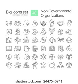 Non governmental organization linear icons set. Human rights. Nonprofit organization. Community service. Customizable thin line symbols. Isolated vector outline illustrations. Editable stroke