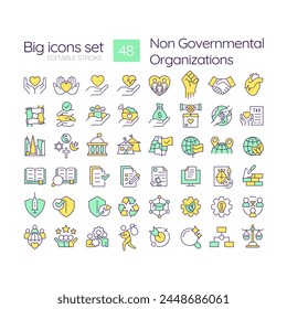 Non governmental organization RGB color icons set. Human rights. Nonprofits. Community service. Isolated vector illustrations. Simple filled line drawings collection. Editable stroke