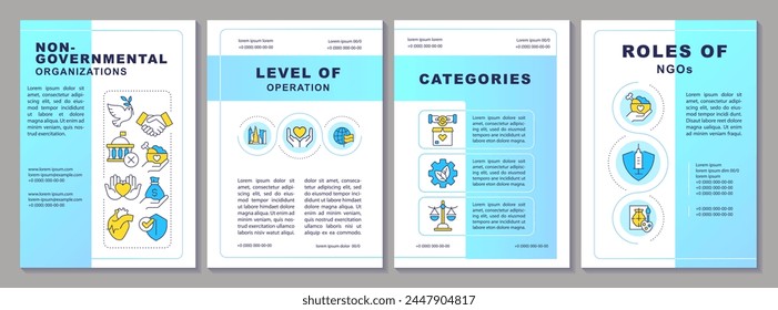 Non governmental organizations blue gradient brochure template. Leaflet design with linear icons. Editable 4 vector layouts for presentation, annual reports. Arial-Black, Myriad Pro-Regular fonts used