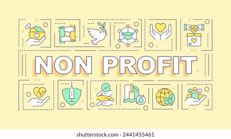 Non governmental organizations yellow word concept. Nonprofits. Typography banner. Flat design. Vector illustration with title text, editable line icons. Ready to use. Arial Black font used