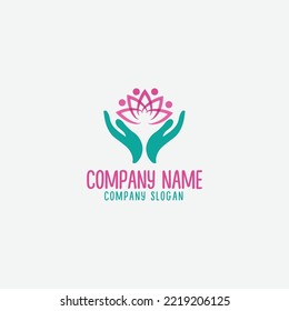 non profit organization logo with caring hands and people icon incorporated into a lotus flower