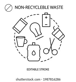 Non recyclable garbage collection outline icon. Trash sorting. Editable stroke. Isolated vector stock illustration