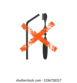 Non recyclable products vector illustration. No plastic straw, toothbrush. Zero waste. Stop red sign. Forbidden, banned. Pollution. Environment protection, ecology. Junk, trash. Grunge cross symbol