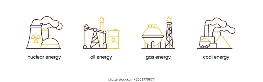 ícones de tipos de energia não renovável. Petróleo, gás, carvão e energia nuclear. Ícones de tipos de combustível definidos.