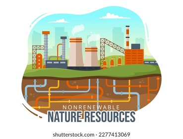 Illustration nicht erneuerbarer Energiequellen mit Kernbrennstoff-, Öl-, Erdgas- oder Kohlebrennstoffen in handgezeichneten Flachkartoon-Vorlagen