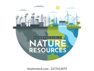 Non Renewable Sources of Energy Illustration with Nuclear, Petroleum, Oil, Natural Gas or Coal Fuels in Flat Cartoon Hand Drawn Templates