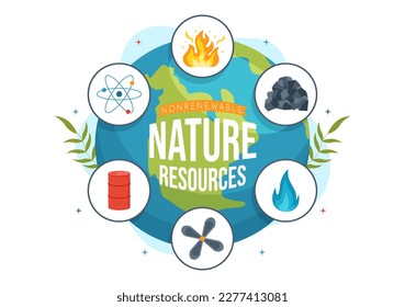 Non Renewable Sources of Energy Illustration with Nuclear, Petroleum, Oil, Natural Gas or Coal Fuels in Flat Cartoon Hand Drawn Templates