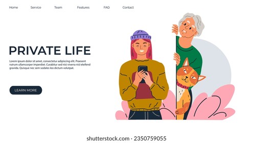 Non respect of private life landing page. Curious old lady gossip listen overhear and spy out corner. Searching, observing woman secretly looking out from wall listening to phone conversation of girl