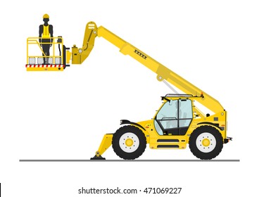Non rotating telehandler with bucket on a white background. Flat vector