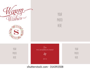 Non Secular Holiday Multi Photo Card Template with Monogram and Wreath - Vector