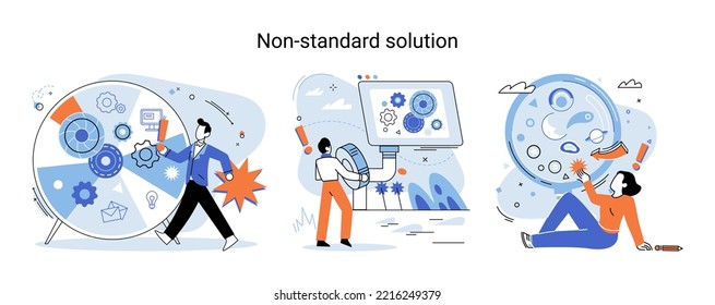 Non standart solution metaphor. Finding decisionss, problem solving. Teamwork, partnership. Working collaboration, corporate cooperation, creativity idea and innovation, colleagues mutual help concept