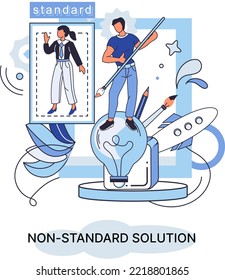 Metáfora de solución no estándar. Encontrar decisiones, resolver problemas. Trabajo en equipo, asociación. Colaboración laboral, cooperación empresarial, idea de creatividad e innovación, concepto de ayuda mutua de colegas