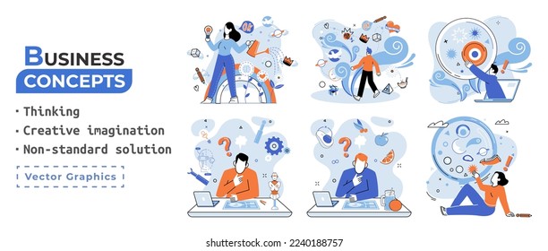 Non standart solution, thinking, creative imagination business concepts set. Solving problem, answer to hard question or creativity idea and innovation help business success, great decision, challenge