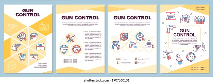 Plantilla de folleto de los grupos armados no estatales. Regulación del comercio de armas. Volante, folleto, folleto impreso, diseño de portada con iconos lineales. Diseños vectoriales para revistas, informes anuales, afiches publicitarios