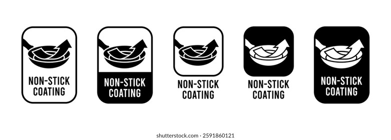 Non Stick Coating icon set. Non Stick Coating pan or pot with arrow for label product. Non Stick Coating logo, badge, sticker, symbol, emblem, black, circle, line vector isolated.