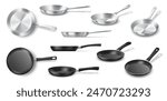 Non stick and stainless frying pans realistic vector illustration set. Food cooking equipment design. Kitchenware 3d objects on white background