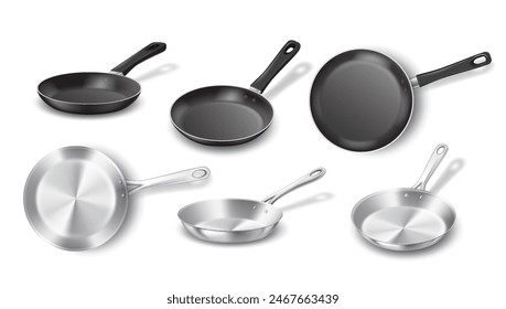 Non stick and stainless frying pans realistic vector illustration set. Food cooking equipment design. Kitchenware 3d objects on white background