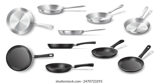 Non stick and stainless frying pans realistic vector illustration set. Food cooking equipment design. Kitchenware 3d objects on white background