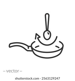 non stick surface icon, frying pan with spoon, protection coating from burning, thin line symbol on white background - editable stroke vector illustration eps10