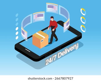 Non stop 24 hours and 7 days Delivery Service 3d flat vector illustrations