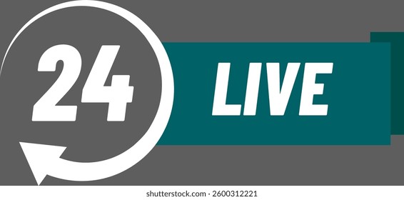 Non stop live streaming is represented by the number 24 inside a rotating arrow and the word live on a green horizontal banner over a gray background