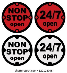 non stop open and twenty-four seven open symbol in red and white color