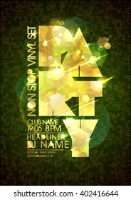 Non stop party poster mock up design with golden title and polygon backdrop